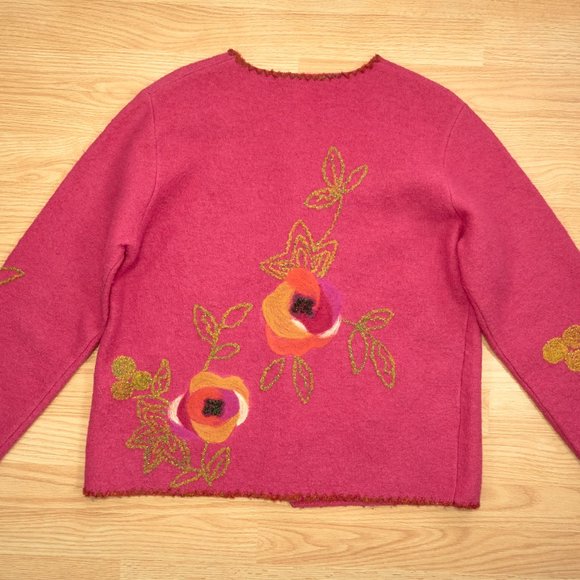 Susan Bristol Pink Boiled Wool Hand Embroidered Sweater Cardigan, Vintage Size L - Picture 7 of 9